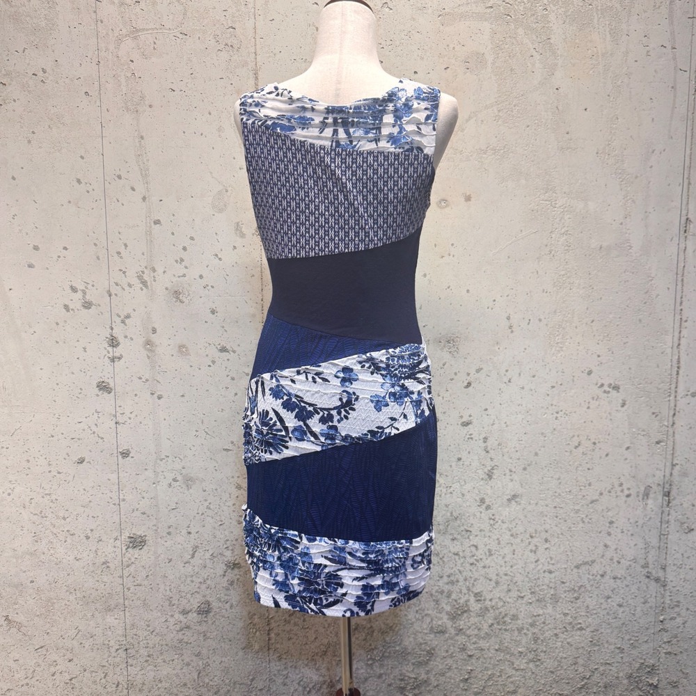 Desigual Patchwork Sheath Dress Womens Size M Blue Floral Mixed Media Ruffle Art - Picture 2 of 11